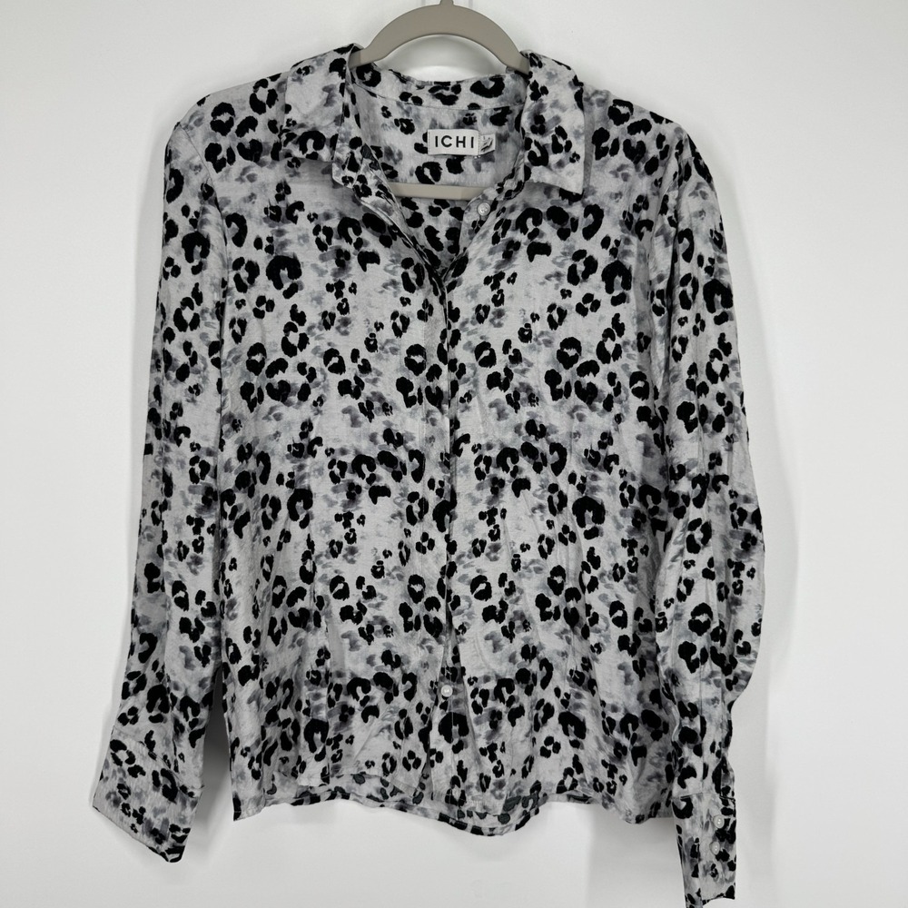 ICHI Womens Size 38 US 10 Black White Leopard Button Front Blouse IHVALOR SH